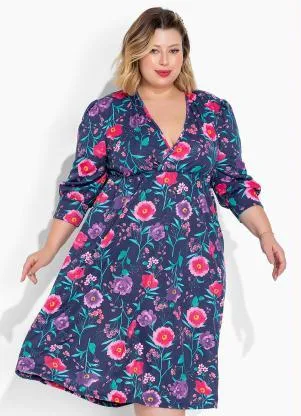 Marguerite - Vestido Floral Marinho Manga Bufante Plus Size - MARGUERITE