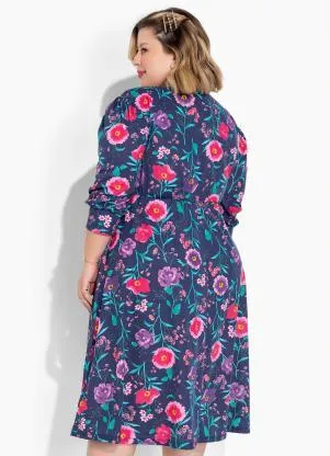 Marguerite - Vestido Floral Marinho Manga Bufante Plus Size - MARGUERITE