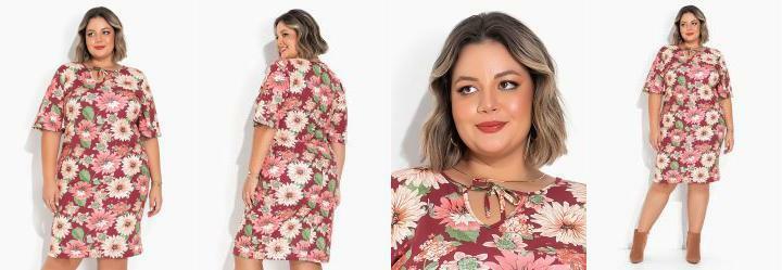 Vestido Floral Marrom Mangas 3/4 Plus Size