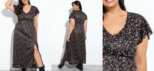 Vestido Floral Preta com Decote Transpassado