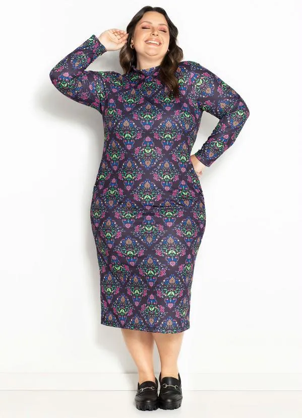 Marguerite - Vestido Floral Preto com Franzido Plus Size