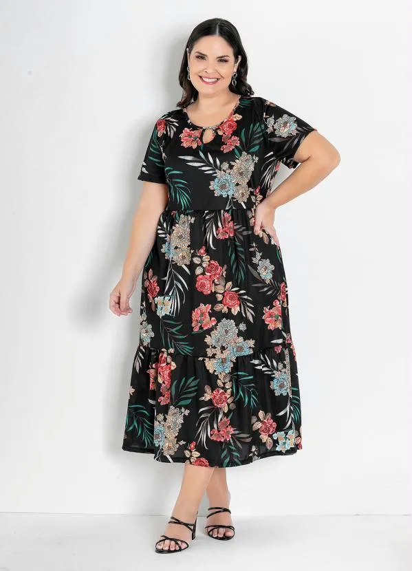 Marguerite - Vestido Floral Preto com Franzidos Plus Size