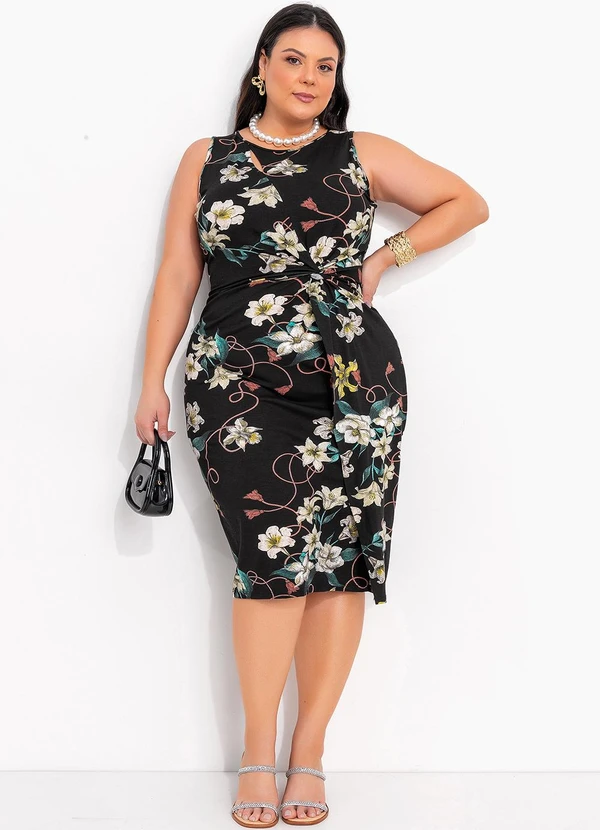 Marguerite - Vestido Floral Preto em Malha de Viscose