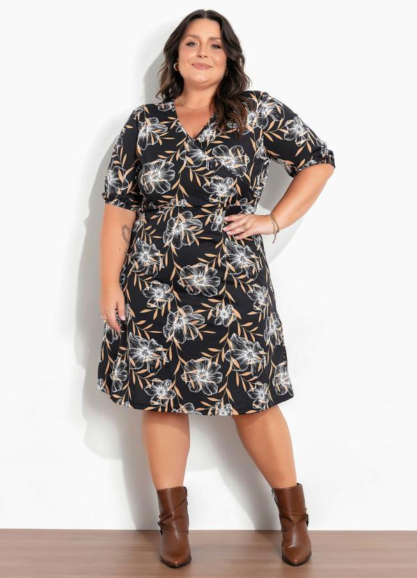 Marguerite - Vestido Floral Preto Mangas Bufantes Plus Size 2
