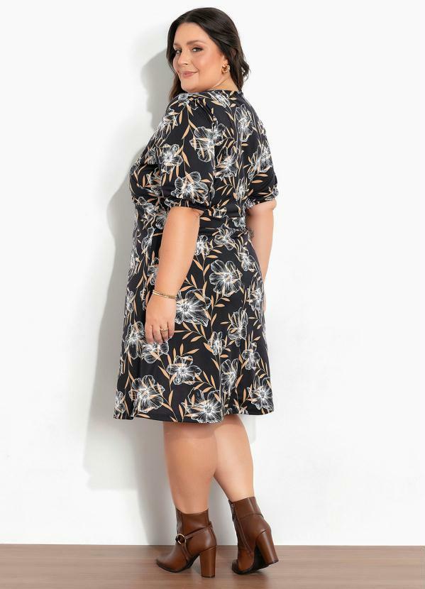 Marguerite - Vestido Floral Preto Mangas Bufantes Plus Size 1