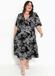 Vestido Floral Preto Transpassado Plus Size