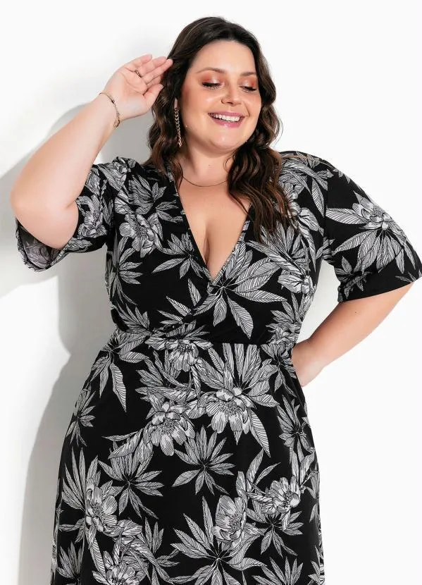 Marguerite - Vestido Floral Preto Transpassado Plus Size 3