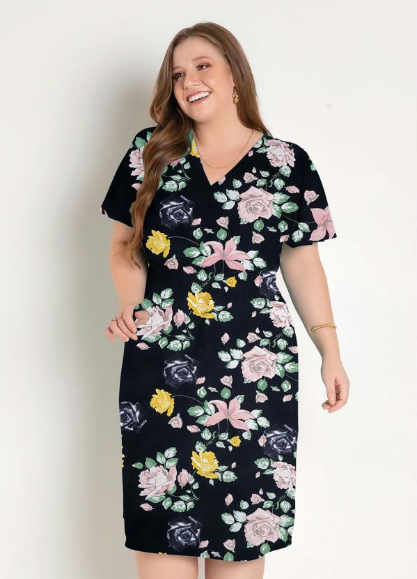 Marguerite - Vestido Floral Preto Transpassado Plus Size