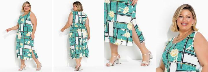 Vestido Floral Verde com Fendas Plus Size
