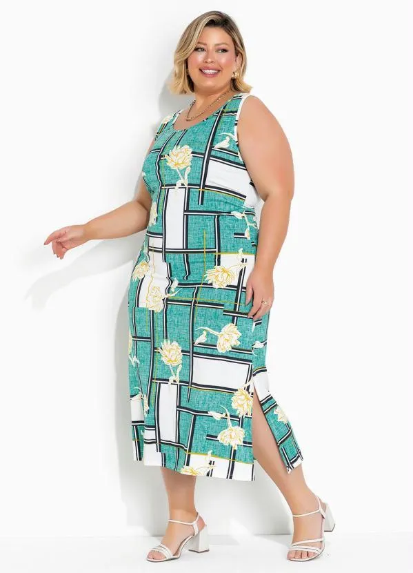Vestido Floral Verde com Fendas Plus Size Marguerite