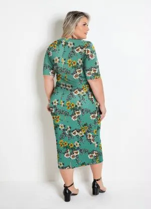 Marguerite - Vestido Floral Verde Plus Size Mangas 3/4 - MARGUERITE
