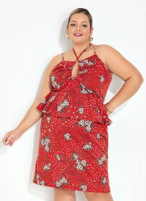 Vestido Floral Vermelho com Babado Plus Size Marguerite - Main Image