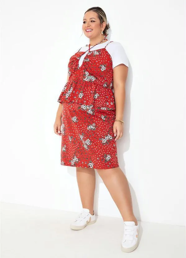Marguerite - Vestido Floral Vermelho com Babado Plus Size 1
