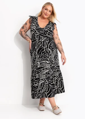 Marguerite - Vestido Folhagem Preta em Malha de Viscose - MARGUERITE
