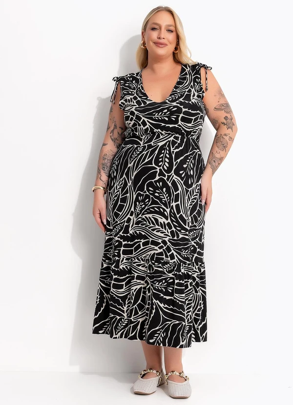 Marguerite - Vestido Folhagem Preta em Malha de Viscose