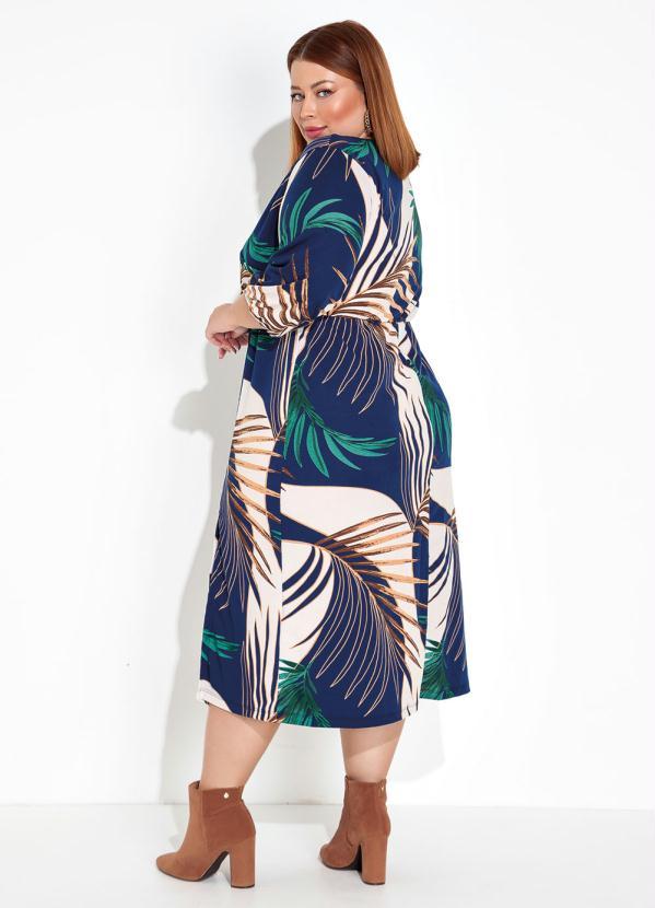 Marguerite - Vestido Folhas Azul Fenda na Barra Plus Size 2