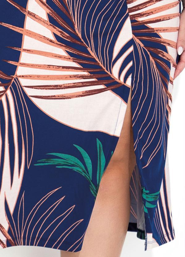 Marguerite - Vestido Folhas Azul Fenda na Barra Plus Size 1