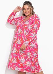Vestido Folhas Pink Recortes Vazados Plus Size