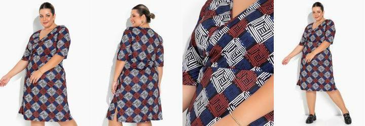 Vestido Geom�trico Azul Transpassado Plus Size
