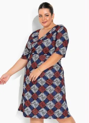 Marguerite - Vestido Geométrico Azul Transpassado Plus Size - MARGUERITE