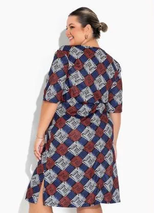 Marguerite - Vestido Geométrico Azul Transpassado Plus Size - MARGUERITE
