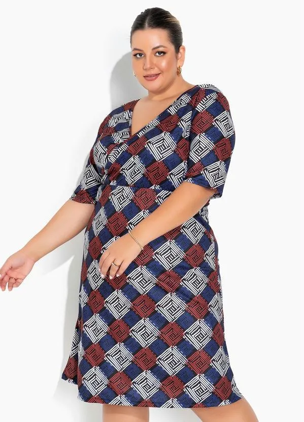 Marguerite - Vestido Geométrico Azul Transpassado Plus Size