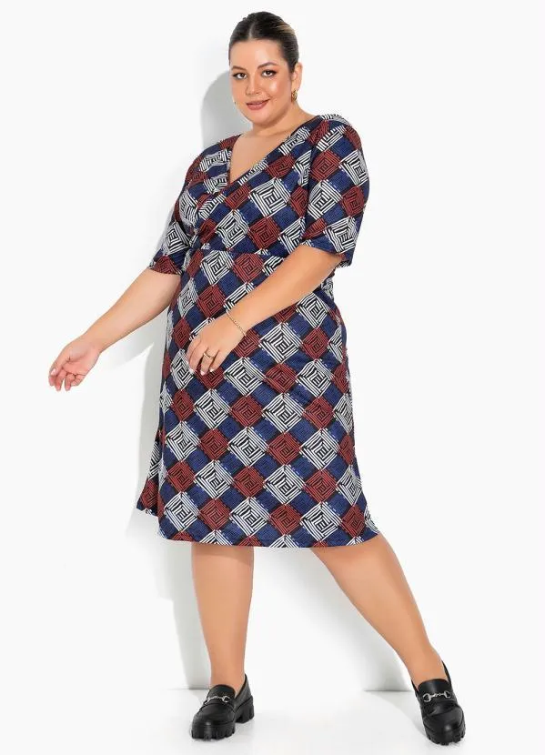 Marguerite - Vestido Geométrico Azul Transpassado Plus Size 2