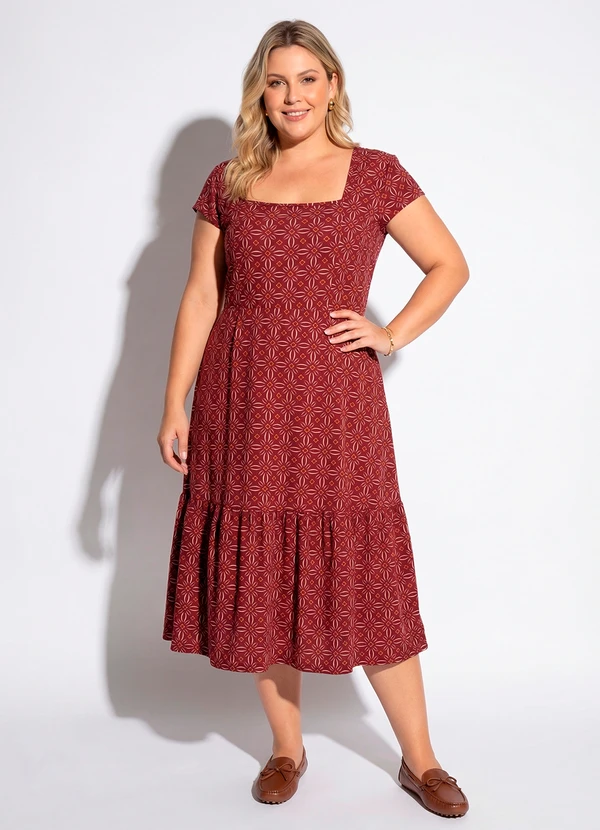 Marguerite - Vestido Geométrico Vermelho em Malha de Poliéster
