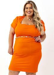 Vestido Laranja Midi Mangas Princesa Plus Size
