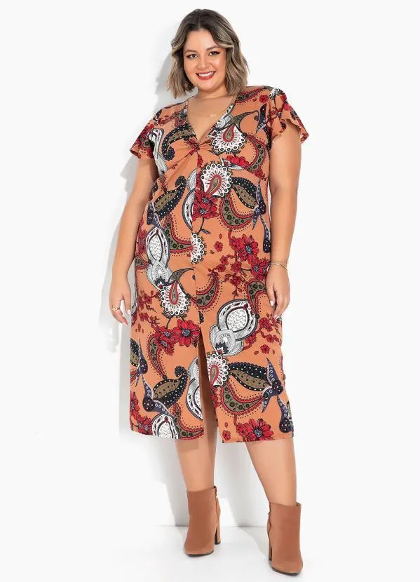 Marguerite - Vestido Lenço Marrom com Torção Plus Size