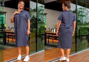 Vestido Listrado Azul Marinho em Malha Denim