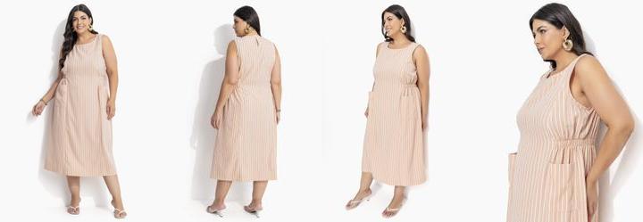 Vestido Listrado Bege em Tricoline