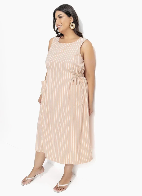 Marguerite - Vestido Listrado Bege em Tricoline 5