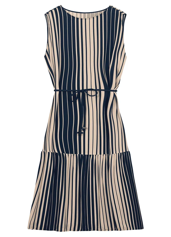 Malwee - Vestido Listrado Mídi com Amarração Azul Marinho