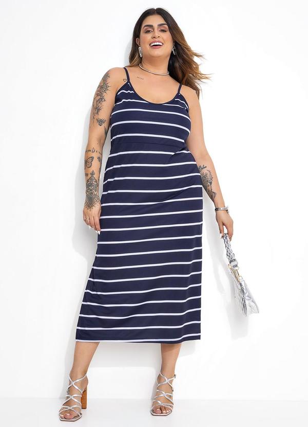 Marguerite - Vestido Listrado Navy Azul com Fenda Plus Size 3