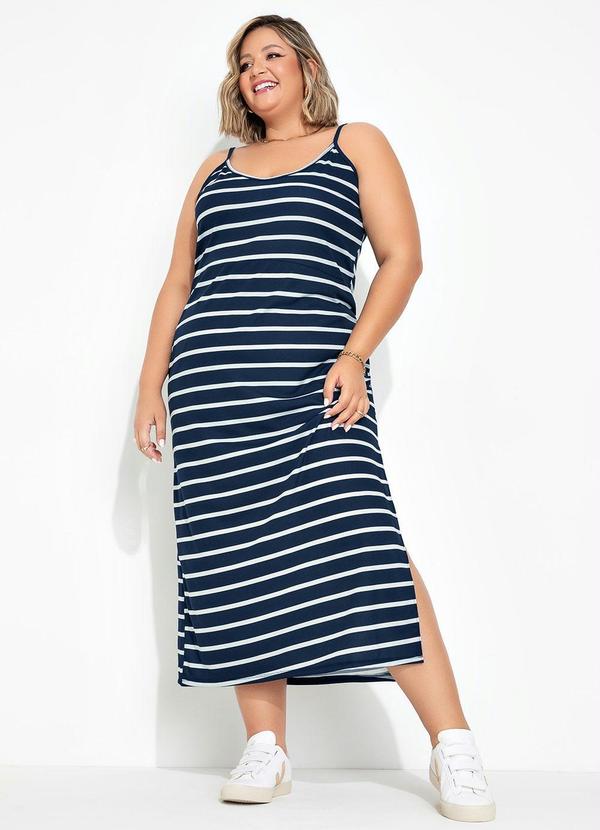Marguerite - Vestido Listrado Navy Azul com Fenda Plus Size 5
