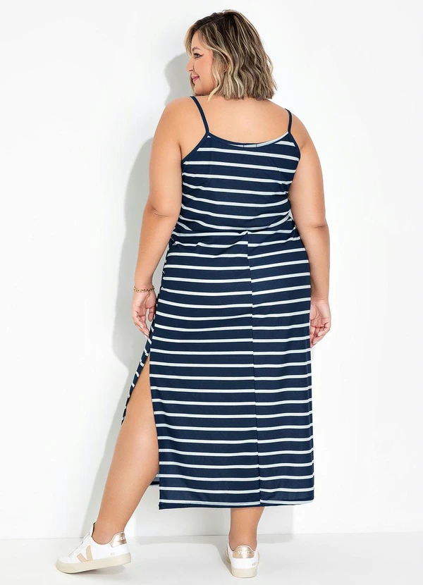 Marguerite - Vestido Listrado Navy Azul com Fenda Plus Size
