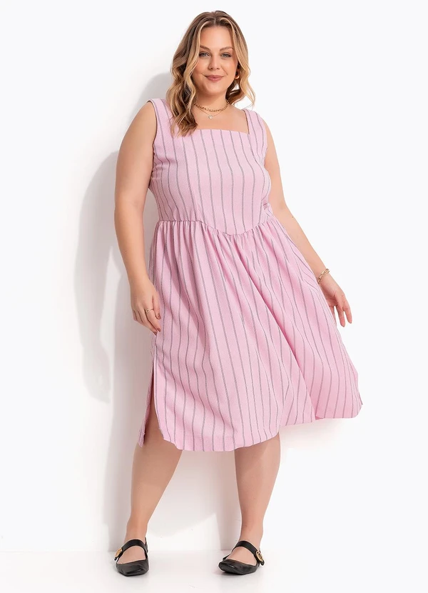 Marguerite - Vestido Listrado Rosa em Tecido de Alfaiataria