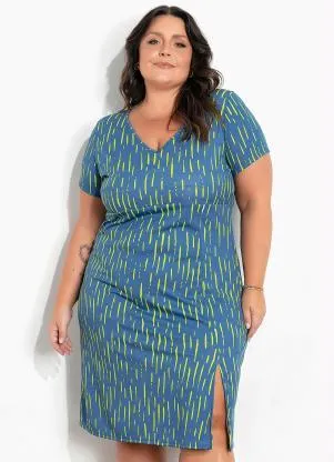 Marguerite - Vestido Listras Azul com Fenda Plus Size - MARGUERITE