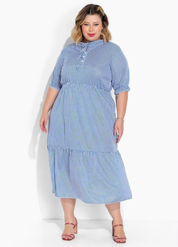 Vestido Listras Navy Azul com Botões Plus Size Marguerite