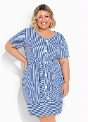 Marguerite - Vestido Listras Navy Azul com Faixa Plus Size - MARGUERITE