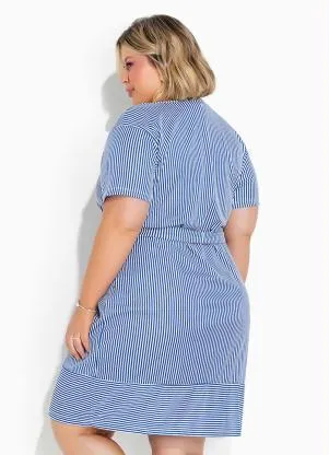 Marguerite - Vestido Listras Navy Azul com Faixa Plus Size - MARGUERITE