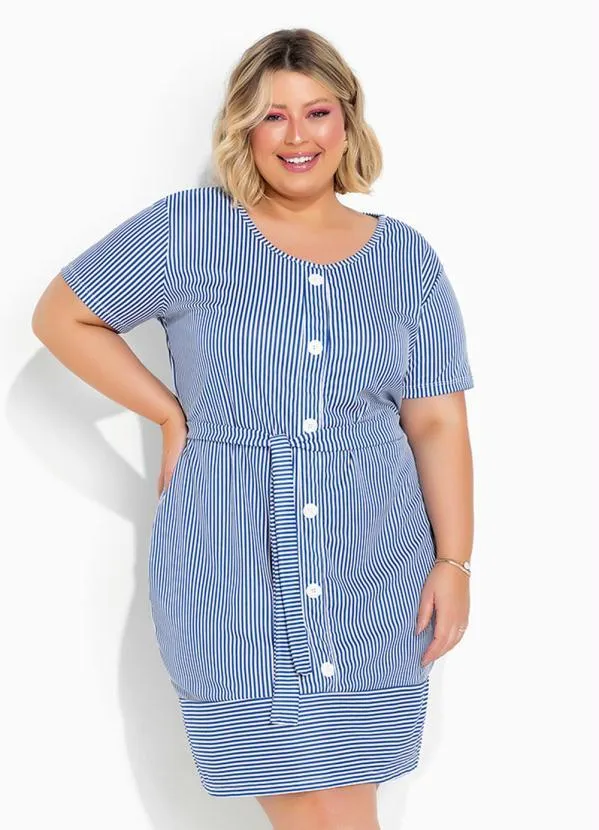 Marguerite - Vestido Listras Navy Azul com Faixa Plus Size