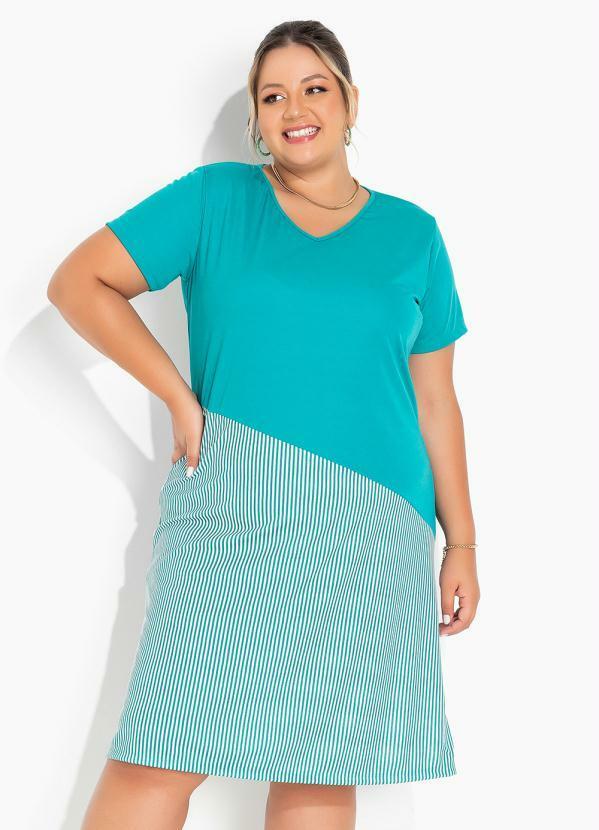 Vestido (Listras Turquesa) com Recorte Plus Size