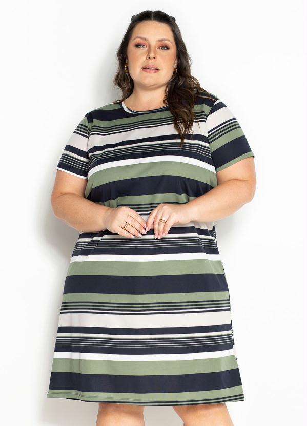 Marguerite - Vestido Listras Verde Midi com Mangas Plus Size