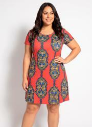 Vestido Manga Curta Vermelho com Estampa