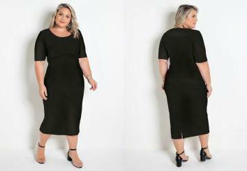 Vestido Mangas 3/4 Preto Plus Size Midi