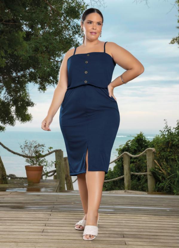 Marguerite - Vestido Marinho com Botões Decorativos Plus Size 1