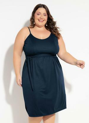 Vestido (Marinho) com Faixa na Cintura Plus Size