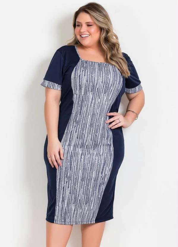 Marguerite - Vestido Marinho com Recorte Estampado Plus Size